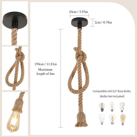 Industriële hangende kroonluchter, enkele kop henneptouw kroonluchter, retro E27 hanglamp voor eetkamer restaurant bar, 150cm