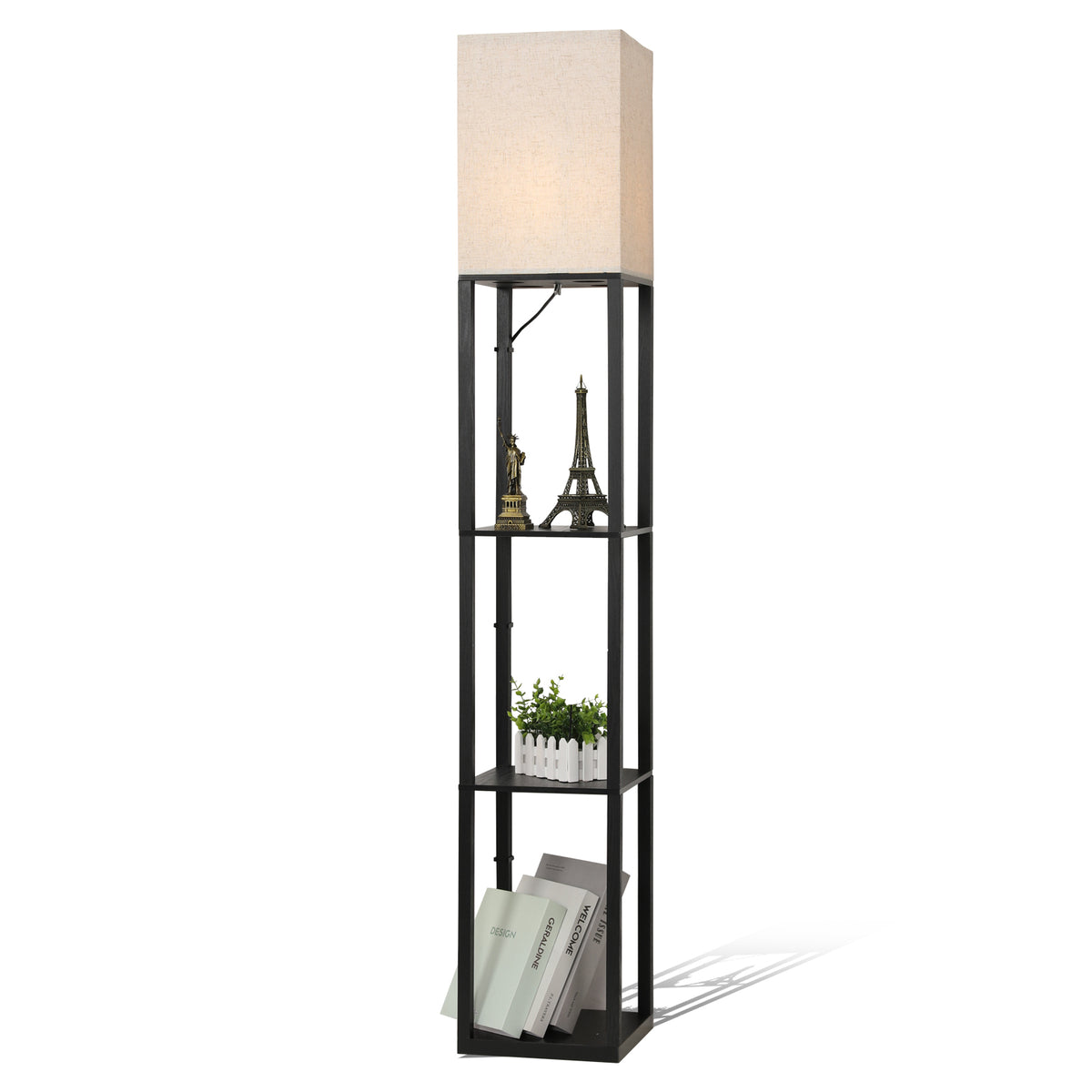 Minimalistyczna czarna metalowa lampa podłogowa z półkami i lnianym abażurem - dł. 26xszer. 26xwys. 158 cm, włącznik nożny, gniazdo E27 (żarówka nie wchodzi w skład zestawu), wtyczka europejska