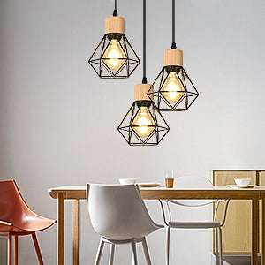 Retro industriële ijzeren kroonluchter, plafondlamp met ronde voet, geschikt voor E27-lampen, verstelbare lengte, zwarte houten kroonluchter geschikt voor eetkamer, woonkamer