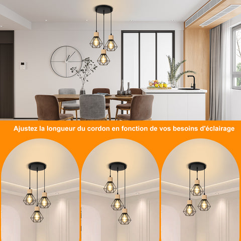 Retro industriële ijzeren kroonluchter, plafondlamp met ronde voet, geschikt voor E27-lampen, verstelbare lengte, zwarte houten kroonluchter geschikt voor eetkamer, woonkamer