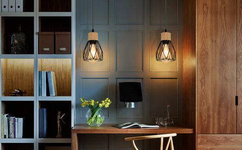 Industriële hanglamp, vintage plafondlamp in zwart hout, E27 niet inbegrepen