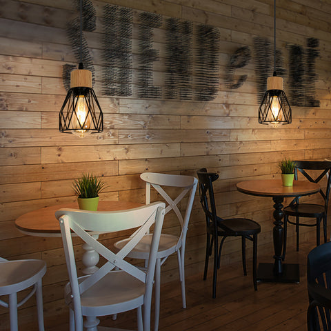 Industriële hanglamp, vintage plafondlamp in zwart hout, E27 niet inbegrepen