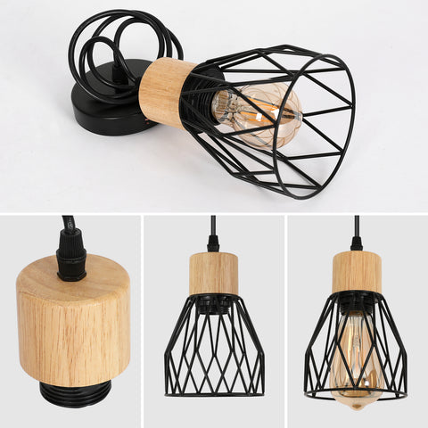 Industriële hanglamp, vintage plafondlamp in zwart hout, E27 niet inbegrepen