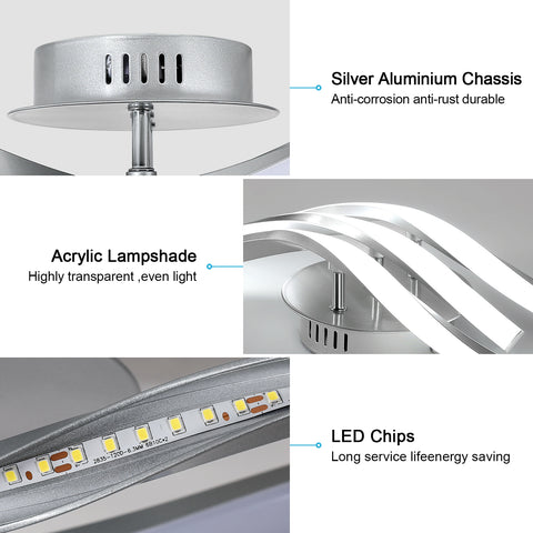 Moderne LED-plafondlamp met golven 52cm - 3 lampen in zilver aluminium, 24W, wit licht 6500K, 220V, CRI 80+, veelzijdige installatie