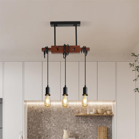 Industriële hanglamp, vintage houten plafondlamp, E27 kroonluchterverlichting met 3 lampen, 120 cm verstelbare kabel, voor keuken eetkamer café bar (zonder lamp)