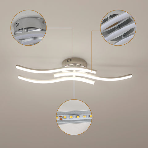 Moderne LED-plafondlamp met drie parallelle golven - zilveren kroonluchter, 18W 60*12cm, warm licht 3000K, 220V