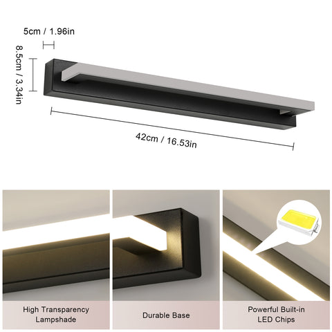 42 cm zwarte acryl LED-wandlamp - 9 W spiegelverlichting, 4500 K neutraal licht, 220 V, flikkervrij, veelzijdige installatie