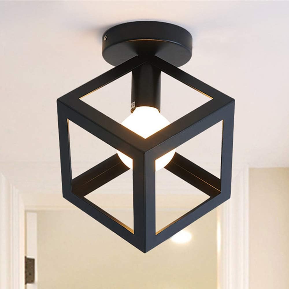 Plafondlamp Modern lichtarmatuur kooivorm kroonluchter vintage plafondlamp geometrische stijl metalen lampenkap E27 verlichting voor slaapkamer woonkamer restaurant, kubusvorm, 16CM, zwart