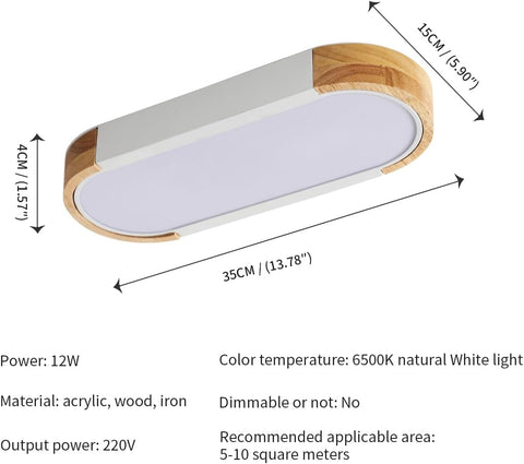 LED houten plafondlamp 12W, 6500K koel wit led-plafondlamp in ovaal moderne Scandinavische verlichting plafondlamp voor binnen voor slaapkamer, keuken, hal, balkon