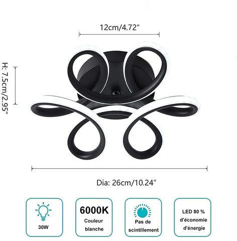 GOECO LED-plafondlamp, kroonluchterlamp Ø 26 cm, 22 W 2500 lm modern gebogen design lichtarmatuur plafondlamp voor hal balkon keuken badkamer slaapkamer, koel wit 6000K (zwart)