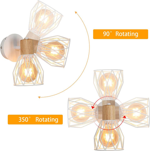 2 stuks binnenwandlamp vintage houten wandlamp E27 voet voor slaapkamer, woonkamer, hal, entree wit (lamp niet inbegrepen)