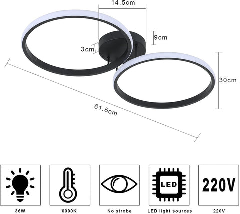 LED-plafondlamp, 42W moderne plafondlamp, dubbele ring LED-plafondlamp, zwart acryl plafondlamp voor slaapkamer, woonkamer, kantoor