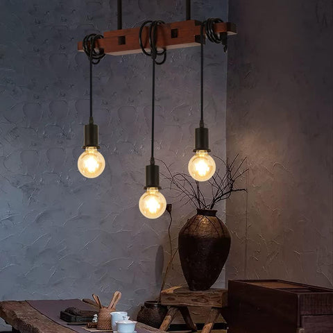Industriële hanglamp, vintage houten plafondlamp, E27 kroonluchterverlichting met 3 lampen, 120 cm verstelbare kabel, voor keuken eetkamer café bar (zonder lamp)