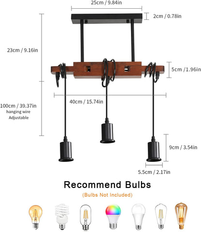 Industriële hanglamp, vintage houten plafondlamp, E27 kroonluchterverlichting met 3 lampen, 120 cm verstelbare kabel, voor keuken eetkamer café bar (zonder lamp)