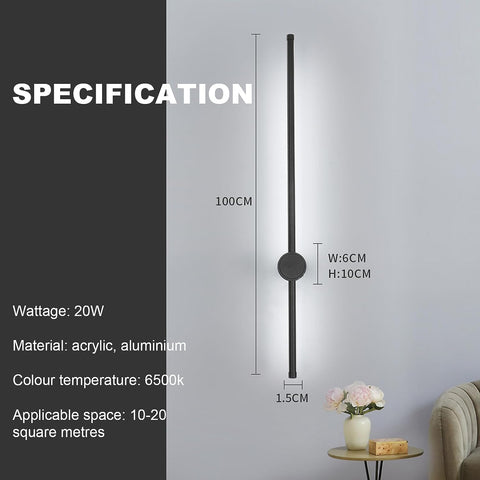 Wandlamp voor binnen, led-wandlamp 360° draaibaar 6500K koel wit, moderne zwarte wandlamp voor slaapkamer woonkamer eetkamer hal trap 100cm