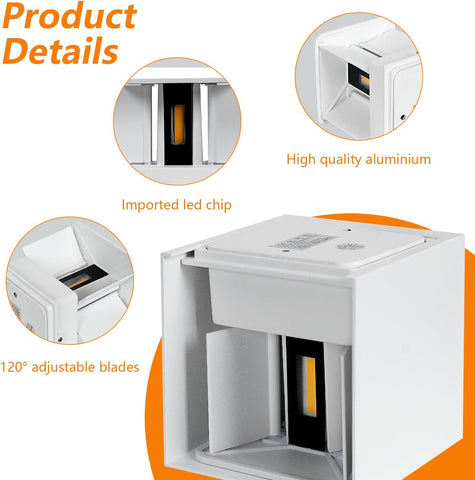 2-pack LED-wandlamp voor buiten, 12W binnenwandlampen met verstelbare hoek buitenmuurverlichting, waterdichte IP65 moderne wandlamp voor woonkamer, slaapkamer (wit) warm wit 3000K