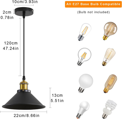 Industriële hanglamp plafondkroonluchter zwart, Φ22 cm voor E27-lampen Vintage plafondkroonluchter voet metalen lampenkap 2 stuks