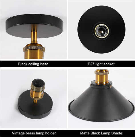 2-pack vintage industriële plafondlamp, E27 zwart metalen lampenkap hanger kroonluchter verlichtingsarmatuur retro plafondlamp voor woonkamer keuken slaapkamer (lamp niet inbegrepen)