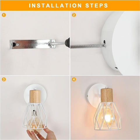 2 stuks binnenwandlamp vintage houten wandlamp E27 voet voor slaapkamer, woonkamer, hal, entree wit (lamp niet inbegrepen)