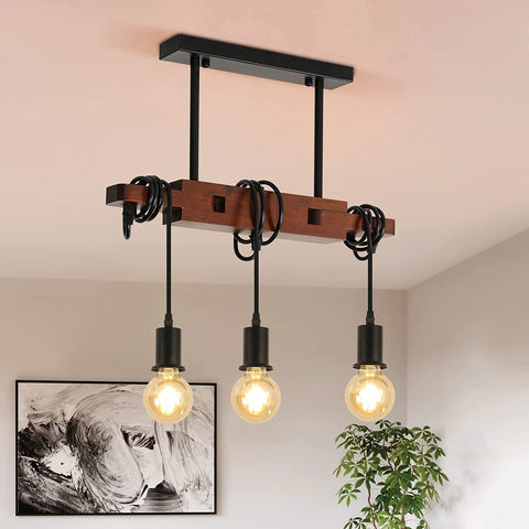 Industriële hanglamp, vintage houten plafondlamp, E27 kroonluchterverlichting met 3 lampen, 120 cm verstelbare kabel, voor keuken eetkamer café bar (zonder lamp)