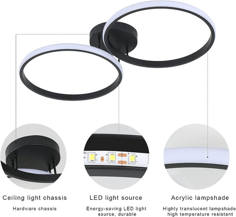 LED-plafondlamp, 42W moderne plafondlamp, dubbele ring LED-plafondlamp, zwart acryl plafondlamp voor slaapkamer, woonkamer, kantoor