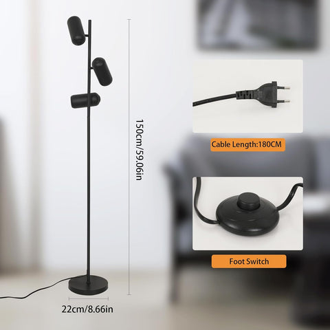 Minimalistische smeedijzeren vloerlamp (3 zwarte koppen, 1,8 m kabel) - GU10 fittingen, zonder gloeilamp