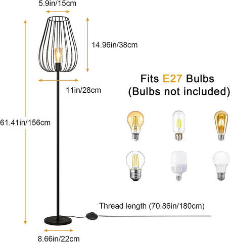 Vintage vloerlamp met metalen kap, vloerlamp met voetschakelaar, zwart metalen woonkamerlamp, E27 fitting zonder lamp