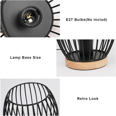 Zwart metalen E27 kooi tafellamp, 21 cm hoge bureaulamp, decoratief design binnen bedlampje met knopschakelaar voor feestartikelen, slaapkamer, woonkamer (geen lamp)