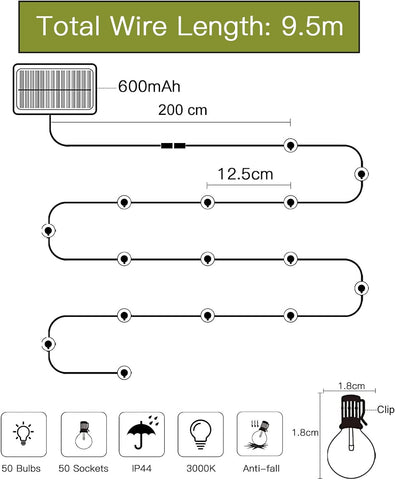 Buitenverlichting op zonne-energie 9,5M 50 LED 8 standen zonnelampen met afstandsbediening, buitenverlichting op zonne-energie en via USB
