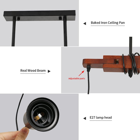 Industriële hanglamp, vintage houten plafondlamp, E27 kroonluchterverlichting met 3 lampen, 120 cm verstelbare kabel, voor keuken eetkamer café bar (zonder lamp)