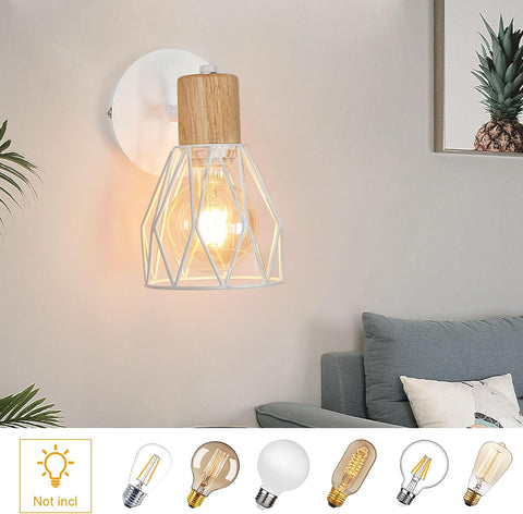 2 stuks binnenwandlamp vintage houten wandlamp E27 voet voor slaapkamer, woonkamer, hal, entree wit (lamp niet inbegrepen)