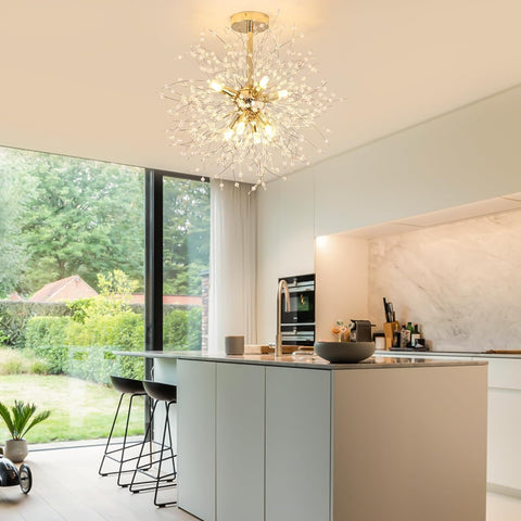 Moderne plafondlamp kristallen kroonluchters, gouden vuurwerkkroonluchter, K9 kristallen plafondlampen, 8 G9 verlichtingsarmatuur gouden lampen voor woonkamer, slaapkamer, eetkamer, hal