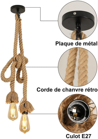 Hanglamp industriële vintage kroonluchter 2M touw verstelbaar 2 E27-aansluitingen voor woonkamer slaapkamer eetkamer kantoor bar café