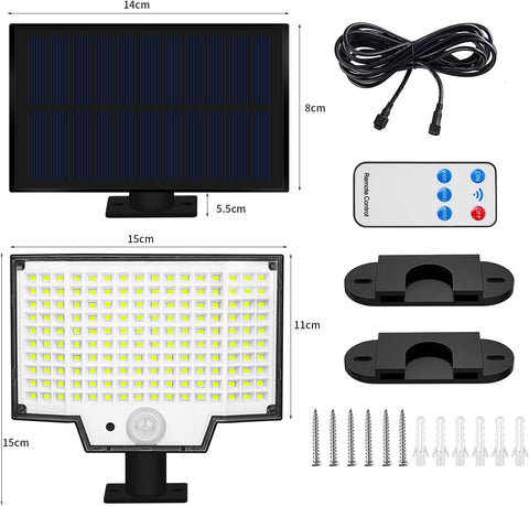 Buitenverlichting op zonne-energie (2 stuks), buitenverlichting op zonne-energie met bewegingssensor, IP65 buitenverlichting op zonne-energie, 160 LED-buitenverlichting op zonne-energie, 3 standen, met afstandsbediening