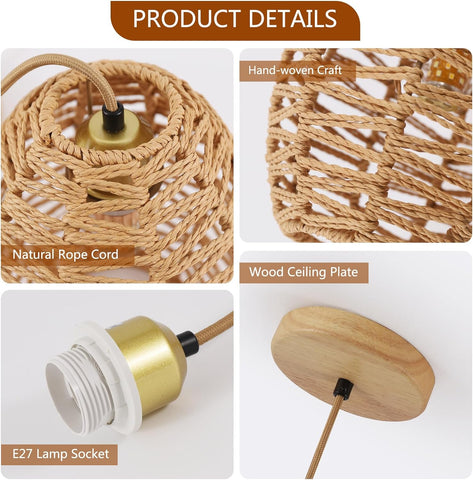 Handgeweven kroonluchter vintage rotan hanglamp, retro boho mand lampenkap, E27 plafondlamp voor woonkamer, slaapkamer - 120 cm lijn