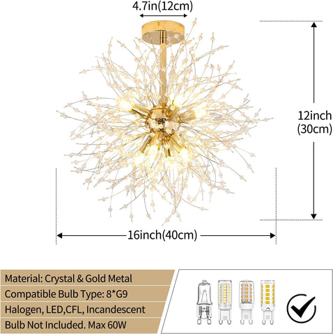 Moderne plafondlamp kristallen kroonluchters, gouden vuurwerkkroonluchter, K9 kristallen plafondlampen, 8 G9 verlichtingsarmatuur gouden lampen voor woonkamer, slaapkamer, eetkamer, hal