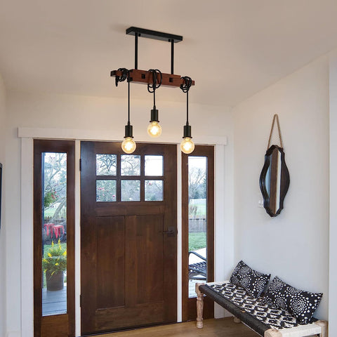 Industriële hanglamp, vintage houten plafondlamp, E27 kroonluchterverlichting met 3 lampen, 120 cm verstelbare kabel, voor keuken eetkamer café bar (zonder lamp)