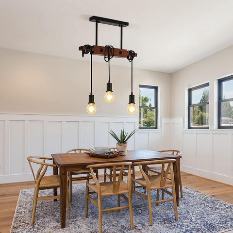 Industriële hanglamp, vintage houten plafondlamp, E27 kroonluchterverlichting met 3 lampen, 120 cm verstelbare kabel, voor keuken eetkamer café bar (zonder lamp)