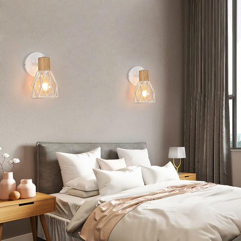 2 stuks binnenwandlamp vintage houten wandlamp E27 voet voor slaapkamer, woonkamer, hal, entree wit (lamp niet inbegrepen)