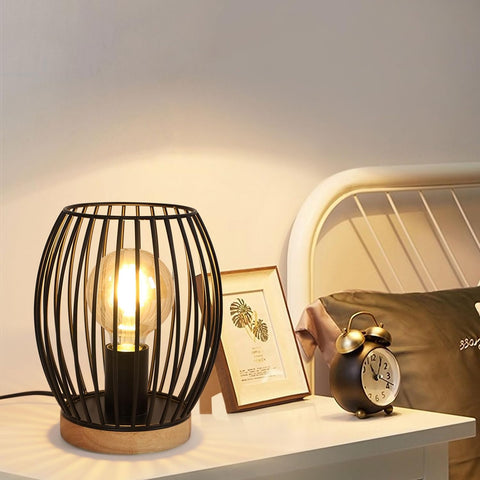 Zwart metalen E27 kooi tafellamp, 21 cm hoge bureaulamp, decoratief design binnen bedlampje met knopschakelaar voor feestartikelen, slaapkamer, woonkamer (geen lamp)