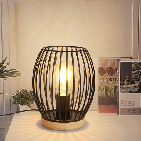 Zwart metalen E27 kooi tafellamp, 21 cm hoge bureaulamp, decoratief design binnen bedlampje met knopschakelaar voor feestartikelen, slaapkamer, woonkamer (geen lamp)