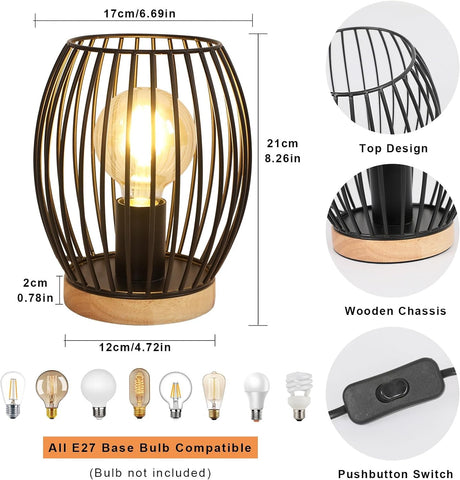 Zwart metalen E27 kooi tafellamp, 21 cm hoge bureaulamp, decoratief design binnen bedlampje met knopschakelaar voor feestartikelen, slaapkamer, woonkamer (geen lamp)