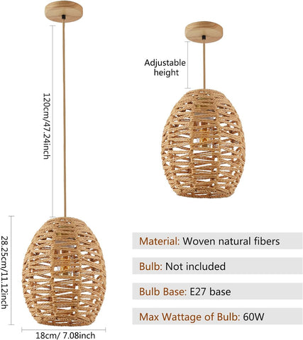 Handgeweven kroonluchter vintage rotan hanglamp, retro boho mand lampenkap, E27 plafondlamp voor woonkamer, slaapkamer - 120 cm lijn