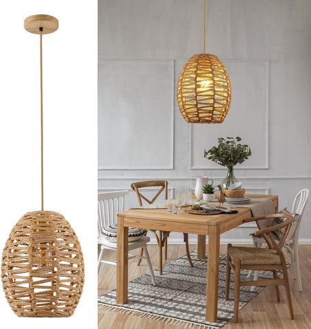 Handgeweven kroonluchter vintage rotan hanglamp, retro boho mand lampenkap, E27 plafondlamp voor woonkamer, slaapkamer - 120 cm lijn