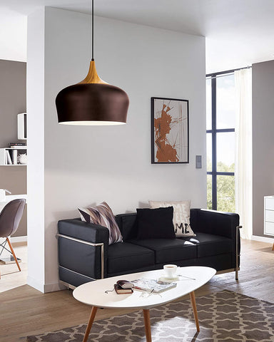 Moderne hanglamp in bruin metaal, crème en eikenlook kunststof met E27 fitting voor eettafel of woonkamer