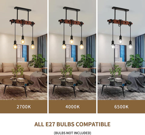 Industriële hanglamp, vintage houten plafondlamp, E27 kroonluchterverlichting met 3 lampen, 120 cm verstelbare kabel, voor keuken eetkamer café bar (zonder lamp)