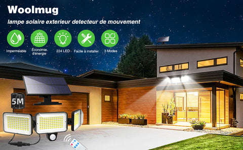 Solar Light Outdoor 224 LED Bewegingssensor LED Wandlamp Koel Wit 6000K voor Binnenplaats Tuin Gang Terras Dichtbij muur Pad Patio Villa