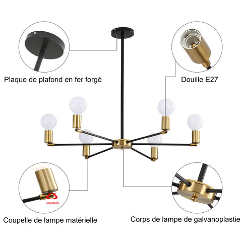 Industriële plafondlamp, vintage 6-koppige hanglamp, Spoetnik-plafondlamp in zwart en goud metaal, kroonluchter voor eetkamer, woonkamer, zonder lampen
