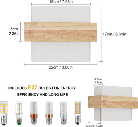 Houten Binnenwandlamp E27 met 12W Driekleurige Lamp