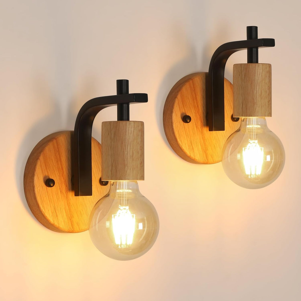 Set van 2 Vintage Wandlampen Hout en Zwart Metaal E27